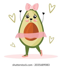 Cute avocado ballerina. Character in pink skirt and bow. Vegetable sticker with kawaii emotions. Icon for social networks and posters. Cartoon flat vector illustration isolated on white background