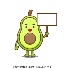 Cute avocado mit leerem Brett. Vektorgrafik von Chibi-Zeichen einzeln auf weißem Hintergrund.