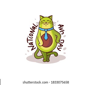 El lindo gato aguacate con corbata. Personaje de caricatura con letra - Día Nacional Avo. Bueno para camisetas, diseños de tela, pegatinas, anuncios, etc. Este diseño es una ilustración vectorial 