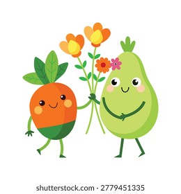 Cute avocado and carrot characters running flower stand together in cheerful playful cartoon market illustration