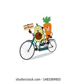 Cute Avocado With Carrot Ride A Tandem Bicycle. Vector Illustration In Kawaii Style Can Use For Cards, Fridge Magnets, Stickers, Posters, Funny Print, Interior Design