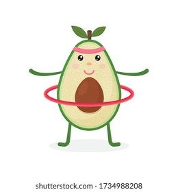 Cute Avocado cartoon character doing exercises with hula hoop. Eating healthy and fitness. Vector illustration isolated on background.