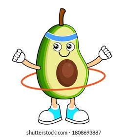 Cute Avocado cartoon character doing exercises with hula hoop. Eating healthy and fitness. Vector illustration isolated on background.