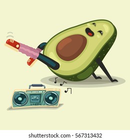 Cute Avocado cartoon character doing fitness exercise and listening boombox stereo cassette recorder. Healthy eating and sport. Vector illustration isolated on background.