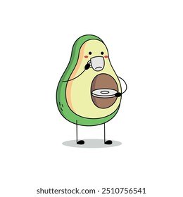 Cute avocado cartoon character drinking tea doodle