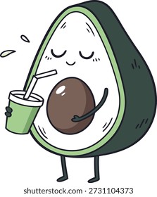 Personaje de dibujos animados de aguacate lindo que bebe Ilustración vectorial de batido