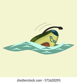 Cute Avocado cartoon character is engaged in swimming. Eating healthy and fitness. Vector illustration isolated on background.