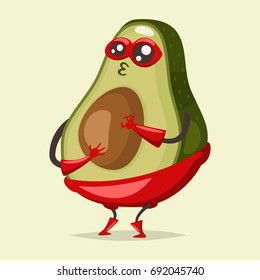 Cute Avocado cartoon character of an exotic fruit in a superhero costume and mask. Vector concept illustration in a flat style for a healthy eating and lifestyle.