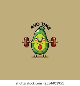 "Cute avocado cartoon character lifting weights"