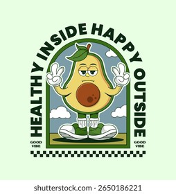 Cute avocado cartoon character in retro style. Perfect for t shirt design, poster, sticker, apparel, streetwear, and fun summer themed project