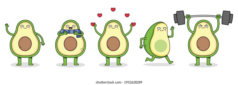 Cute avocado cartoon character set 1 of avocado waving, wearing scarf, spreading love, running and weight lifting