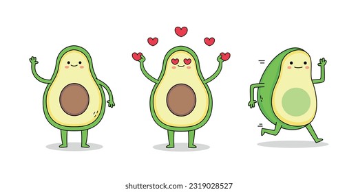 Cute avocado cartoon character set 1 of waving hand, spreading love and running