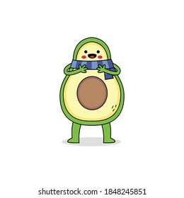 Cute avocado cartoon character wearing scarf