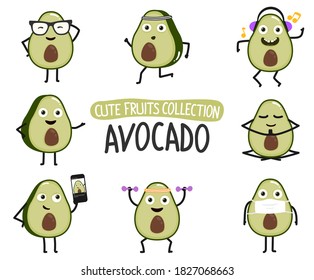 Cute avocado cartoon characters set.To see the other cute fruit vector character illustrations , please check cute fruits collection.