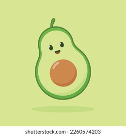 Cute avocado cartoon. Flat illustration of fresh avocado fruit character on green background. Suitable for use in food product design, posters or brochures.