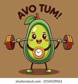 "Cute avocado cartoon lifting weights"
"Avocado character with a watch, lifting weights"
"Funny avocado illustration with a clock"