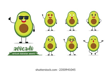 cute avocado cartoon with many expressions. fruit different activity pose vector illustration flat design set with sunglasses.