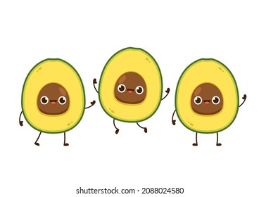 Juego de dibujos animados Cute Aguacate. Diseño de personajes de aguacate. Aguacate sobre fondo blanco.
