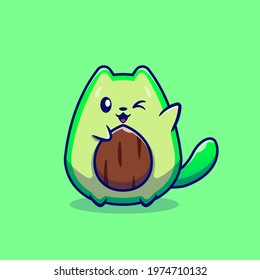 Cute Avocado Cat Cartoon Vector Icon Illustration. Animal Fruit Icon Concept Isolated Premium Vector. Flat Cartoon Style