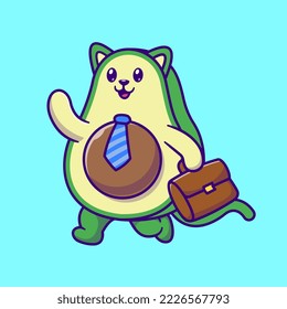 Cute Avocado Cat employee Holding Bag Cartoon Vector Icon Illustration. Animal Fruit Icon Concept Isolated Premium Vector. Flat Cartoon Style