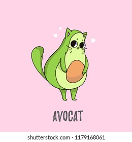 Cute avocado cat illustration. Cat design for greeting cards, prints, posters etc.