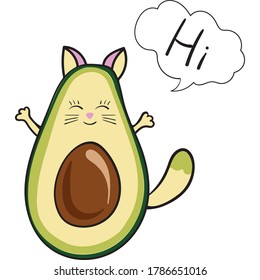 cute avocado cat with a smile, Hello, vector icon isolated on white background, kawaii style