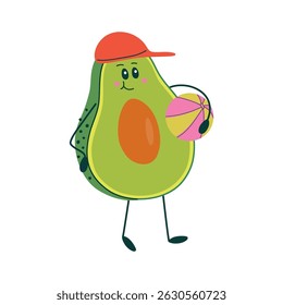 Cute avocado character with ball. Kawaii fruit character enjoying Summer beach vacations. Hand drawn flat design vector illustration.
