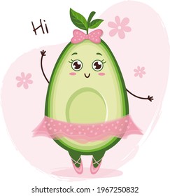 Cute avocado character ballerina on the pink background with flowers. Emoji stickers with avocado.