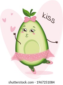 Cute avocado character ballerina on the pink background with hearts and kiss. Emoji stickers with avocado.