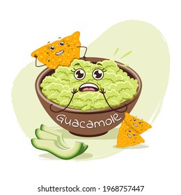 El personaje de aguacate se convierte en guacamole con nachos. Santo guacamole, Día Nacional del Guacamole. Emsticadores emoticonos con aguacate.