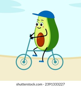 Cute Avocado character bike ride. Cartoon Happy avocado cycling sports. Vector illustration in flat style. Funny postcard on the topic of sports.