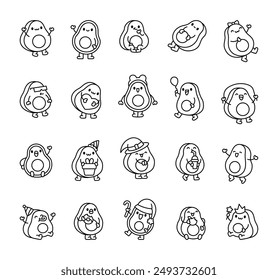 Cute avocado character. Coloring Page. Cartoon fruit food. Hand drawn style. Vector drawing. Collection of design elements.