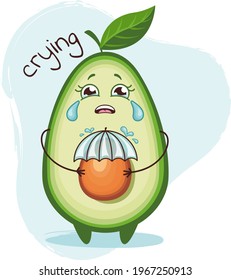 Cute avocado Charakter weinen und halten einen Regenschirm. Emoji-Aufkleber mit Avocado. 