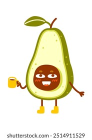 Personagem abacate bonito com xícara de café isolado no fundo branco para o seu design feliz