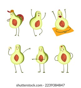 Cute-Avocado-Zeichen mit verschiedenen Emotion- und Aktivitäts-Vektorset