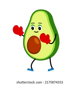 El personaje de aguacate es un deporte de boxeo. Caricatura Feliz aguacate en un entrenamiento deportivo. Ilustración vectorial sobre fondo blanco. concepto de un estilo de vida saludable y de deportes.