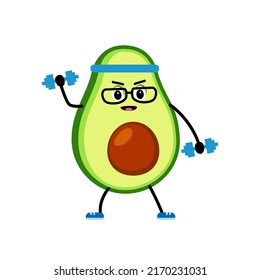 Cute Avocado character does sports weightlifting. Cartoon Happy avocado at a sports workout. Vector illustration on white background. concept of a healthy lifestyle and sports.