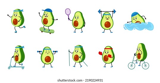 Cute Avocado character does sports. Sports, swimming, cycling, boxing, tennis, weightlifting. Avocado on skateboard, nordic walking, cycling, scooter, roller. Set Vector illustration in flat style.