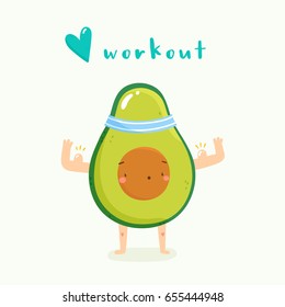 Cute Avocado character doing sport. Fun illustration about health and workout. Strong Avocado vector doodle.