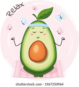 Cute avocado character doing yoga in lotus position with butterflies. Emoji stickers with avocado relax. 