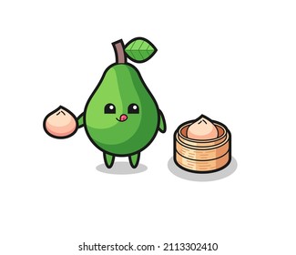 cute avocado character eating steamed buns , cute style design for t shirt, sticker, logo element