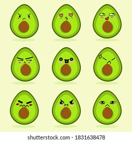 Cute avocado character emoticon design. Set of avocado icon character vector with funny face