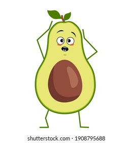 Cute avocado character with emotions in a panic grabs his head isolated on white background. The funny or sad hero, green fruit and vegetable. Vector flat illustration