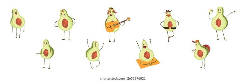 Cute Avocado Character Engaged in Different Activity Vector Set
