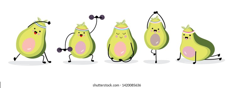 Cute avocado character with exercise. Vector illustration for birthday invitation,postcard and sticker