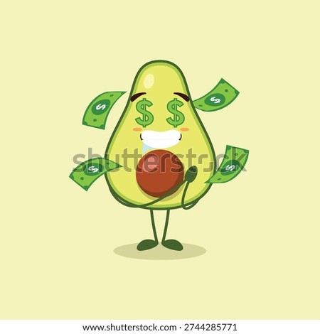 A cute Avocado character feels happy and tempted by the large amount of money it will have.