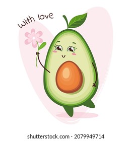 Cute avocado character with flower on the pink background heart. Emoji stickers with avocado.