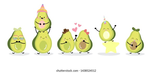 Cute avocado character with friend. Vector illustration for birthday invitation,postcard and sticker