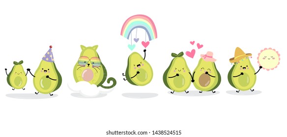 Cute avocado character with friend. Vector illustration for birthday invitation,postcard and sticker