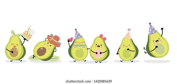 Cute avocado character with hat and heart. Vector illustration for birthday invitation,postcard and sticker